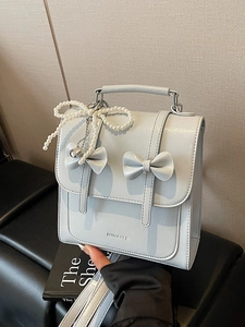 Mini Sac à Dos en Cuir PU Brillant pour Femmes Style Doux Doubles Nœuds Charme de Künstliche Perle Sac à Dos de Mode Voyage pour Filles