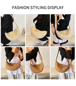 Detailed model views of woven straw crossbody bags in beige and light coffee colors