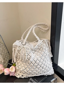 Sac à Épaule en Paille Tissée pour Femmes Grande Capacité Cabas Ajouré Avec Nœud en Dentelle Et Pendentif Künstliche Perle pour Vacances à la Plage