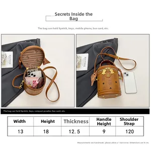 Size chart and capacity view of a vintage brown teddy pattern bucket bag for women