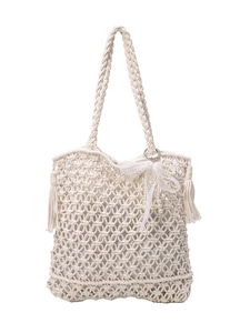Sac fourre-tout tissé à la main crème avec motifs ajourés, longues franges et perles