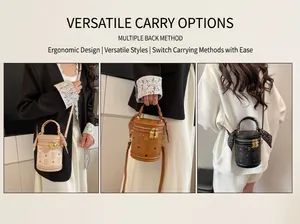 Three-way split view of bucket bags with bear pendants and monogram leather texture