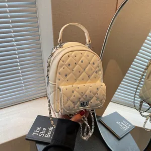 Women Mini Quilted Chain Backpack Luxury Rhinestone Fashion Small Shoulder Bag PU Leather Daily Commute Travel Handbag