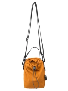 Mustard yellow nylon drawstring crossbody bucket bag with adjustable black shoulder strap