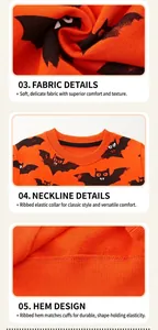 Vue macro du col rond et de l'ourlet élastique du sweat en coton orange pour Halloween