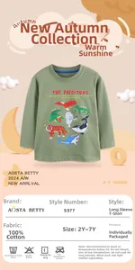 Detail of 100% cotton long sleeve tee with colorful top predators animal graphic print