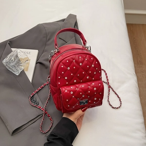 Women Mini Quilted Backpack Rhinestone Fashion Chain Shoulder Bag PU Leather Small Square Bag For Daily Travel Stylish Girl
