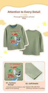 Detail of cartoon top predators print on green cotton long sleeve t-shirt for boys