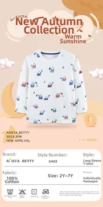 Detail of pure cotton long sleeve kids t-shirt with colorful excavator graphic prints