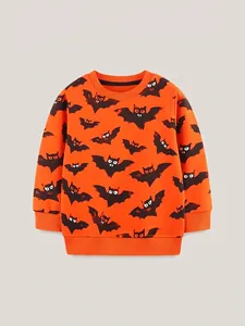 Sweatshirt en Coton Imprimé Chauve-souris Halloween pour Enfants Orange Col Rond Manches Longues Pullover Garçons Automne Décontracté Fête Top
