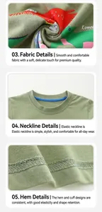 Detail view of cotton fabric, round neckline, and hem stitching on dinosaur t-shirt