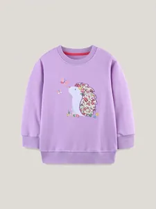 Felpa a Maniche Lunghe in Cotone per Bambine Viola Pullover con Ricamo Riccio Girocollo Top Casual Autunnale per Bambini