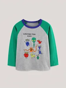 Boy's Luminous Alien Print Long Sleeve T-Shirt Cotton Raglan Sleeve Glow In The Dark Fun Cartoon Crew Neck Sweatshirt Tops