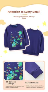Detail of boys' navy sweatshirt showing space cartoon prints and ribbed cuffs