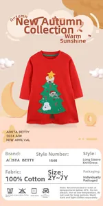 Detail view of 100% cotton Christmas knit dress for girls with embroidery and size chart