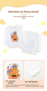 Detail of Halloween toddler girl top with pumpkin cat print and frill shoulder design