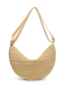 Minimalist beige woven half-moon straw crossbody bag with adjustable fabric shoulder strap