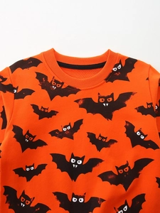 Sweat Halloween orange pour garçon avec motifs chauve-souris noires et col rond