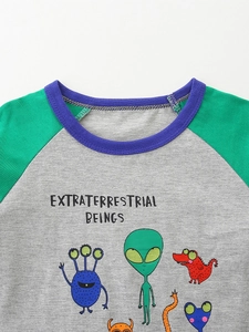 Boy's raglan long sleeve T-shirt with luminous cartoon extraterrestrial prints in gray and green