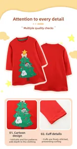 Close-up of red knit dress featuring Christmas tree embroidery and fine sleeve stitching