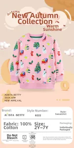 Dettaglio di una felpa rosa in cotone con stampe natalizie festive per bambina
