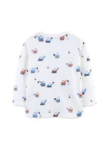Kids long sleeve white cotton T-shirt featuring colorful excavator and bulldozer prints