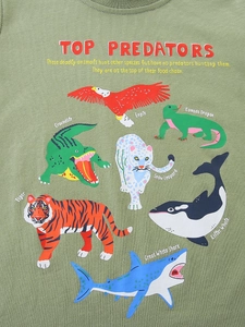 Olive green cotton boy's t-shirt featuring Top Predators animal print illustrations