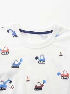 Kids long sleeve white T-shirt with colorful cartoon excavator print and round neckline