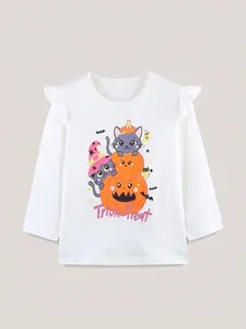 Girls Halloween Cotton Long Sleeve T-Shirt Cute Pumpkin Cat Print Ruffle Flutter Sleeve Round Neck Casual Autumn Top