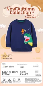 Detail of navy blue kids sweatshirt showing dinosaur embroidery and 100% cotton fabric texture