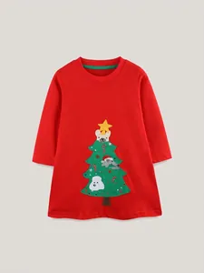 Girls Christmas Long Sleeve Dress 100% Cotton Knitted Princess Dress Festive Tree Embroidery Red Holiday Party Outfit