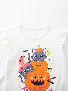 Girls' Halloween long sleeve white t-shirt with pumpkin cat print and ruffle details