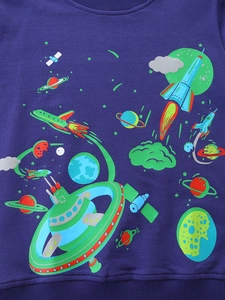 Boys purple crewneck sweatshirt featuring cartoon space rocket and planets glow print