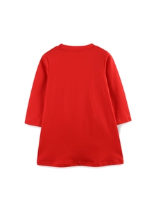 Back view of a classic red long-sleeved girls cotton knit dress with a minimalist design