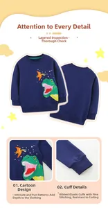 Detail of navy blue kids' sweatshirt with dinosaur print and ribbed elastic cuffs