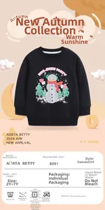 Detail of 100% cotton black kid sweatshirt with snowman print and size chart info