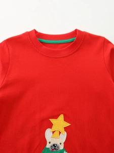 Red long-sleeve Christmas dress for girls with festive embroidery and cotton knit fabric