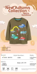 Close-up of cotton long sleeve t-shirt featuring cartoon excavator and vehicle prints