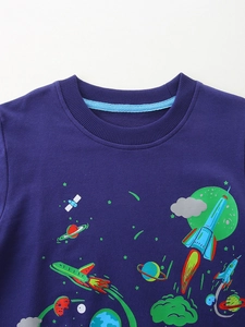 Navy blue kids sweatshirt with luminous cartoon space prints and ribbed crew neck