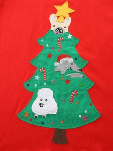Girl's red Christmas knitted dress featuring embroidered festive tree and cartoon dogs