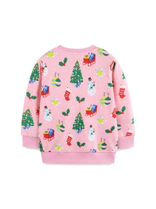 Felpa rosa natalizia per bambine con stampe di pupazzi di neve e alberi vista posteriore