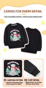 Detail of ribbed cuffs and snowman print on kids black cotton Christmas sweatshirt