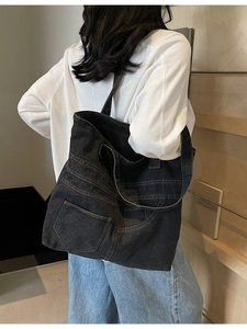 Vintage large capacity denim tote bag in dark grey wash with front pocket and wide strap