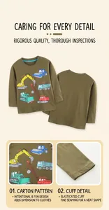 Detail of boys' cotton long sleeve t-shirt showing colorful excavator prints and elastic cuffs