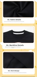 Detail view of cotton knit fabric, ribbed neckline, and elastic hem on kids sweatshirt