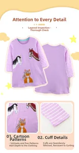 Détails de la robe violet clair pour fille avec manches rayées et broderie de cheval dessin