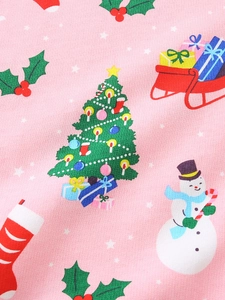 Felpa natalizia rosa per bambina con motivi festivi di pupazzi di neve e alberi