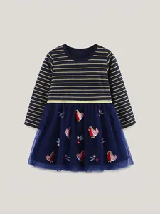 Mädchen Langarm Gestreiftes Baumwollkleid Mit Marineblauem Tüllrock Cartoon Vogel Blumen Stickerei Westliches Prinzessinnenkleid