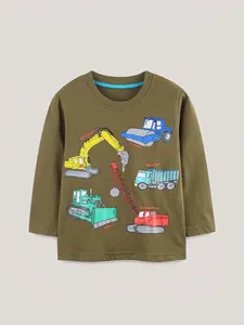 Boys Cotton Long Sleeve T-Shirt Olive Green Cartoon Excavator Engineering Vehicle Printed Toddler Autumn Top