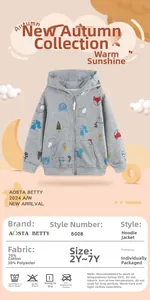 Detail of grey kid zip-up hoodie featuring hand-drawn fox and bear animal prints